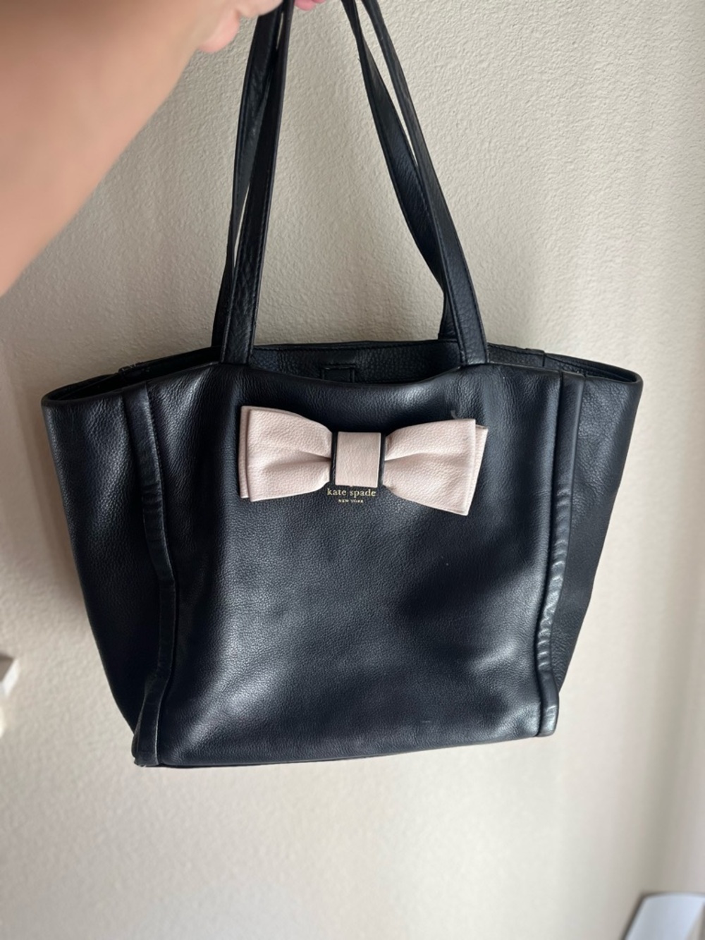 kate spade Black Leather Tote with Cream Bow Accent